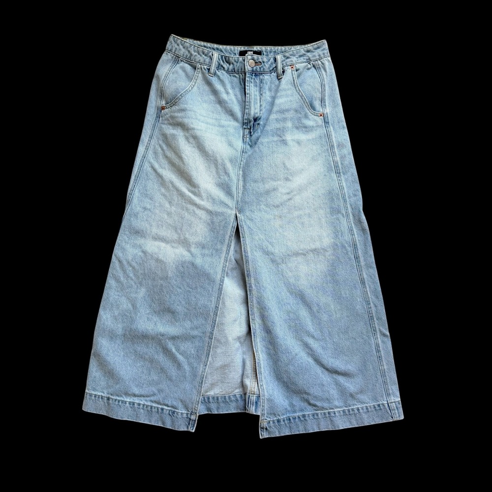 Frye Womens Denim Maxi Skirt Front Slit A-Line Blue Sz 28/6 Broken Zipper